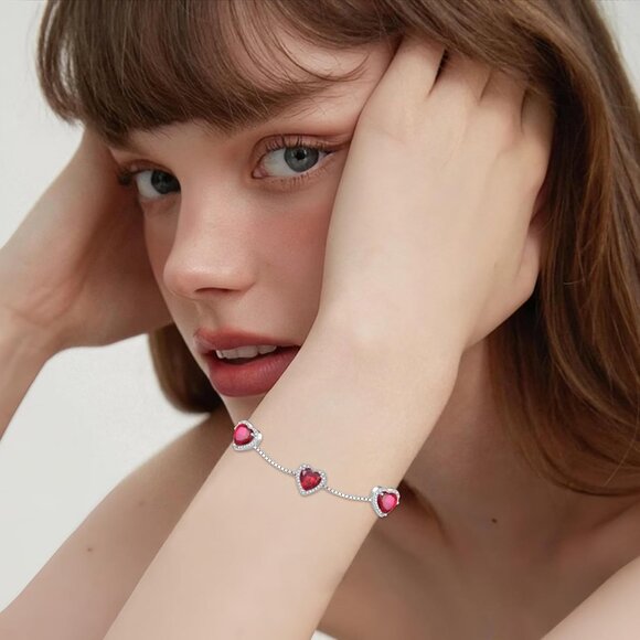 Love Heart Sterling Silver Ruby Birthstone Link Bracelet for Women - Picture 2 of 6